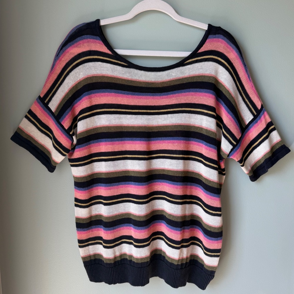 Talbots Woman 100% Linen Sweater‎ Short Sleeve Pink Stripe Drop Shoulder 2X 2XP